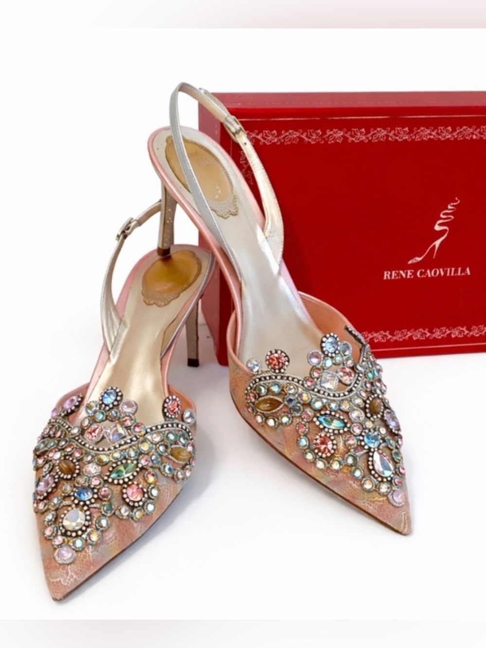 Rene Caovilla • “Veneziana” Rainbow Lace Sling Back Heels